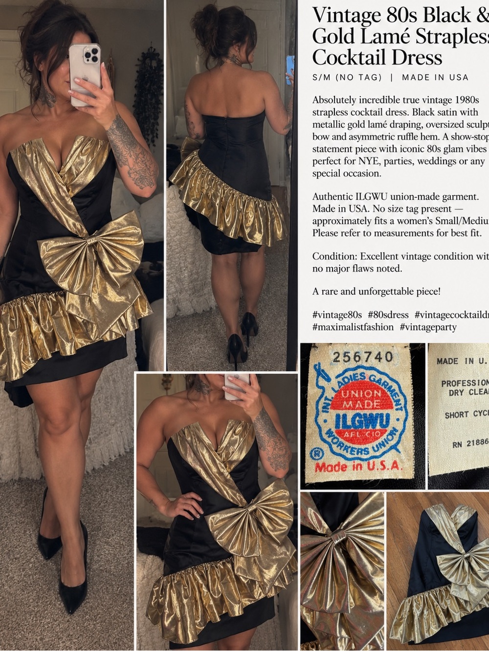 Vintage Strapless Black and Gold Lamé Cocktail Dress